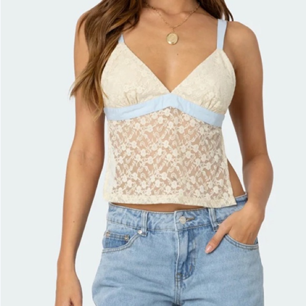 Edikted Cream and Light Blue Lace Crop Top Open back top